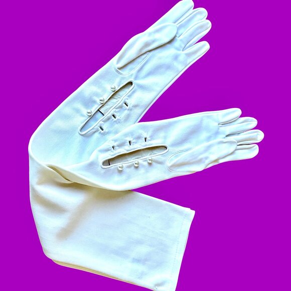 SEARS Vintage Opera Gloves White Nylon Stretch Long Formal Buttons Size A New - Picture 1 of 10
